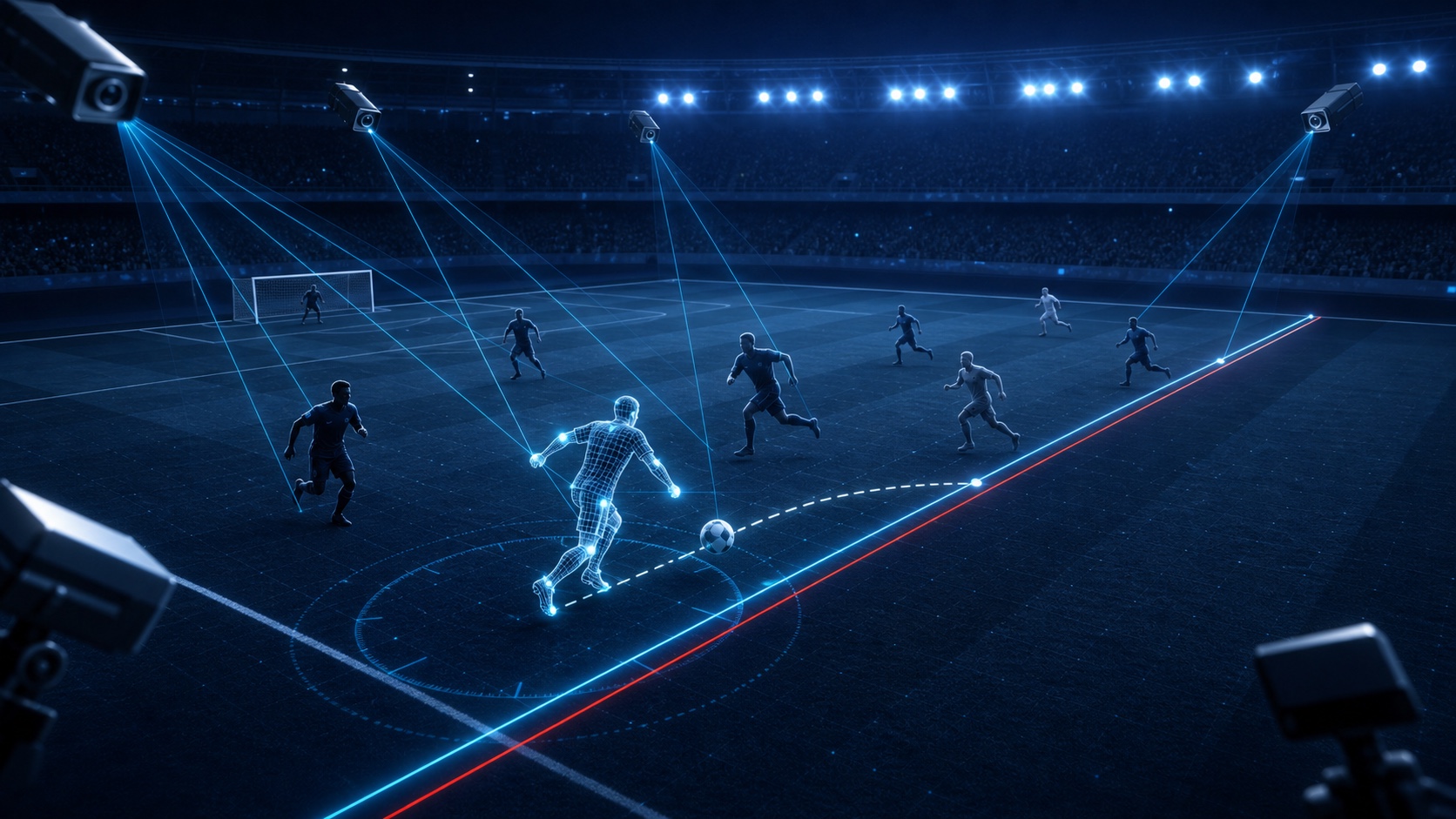 Ilustrasi kamera pelacak dan avatar 3D untuk teknologi offside Piala Dunia 2026